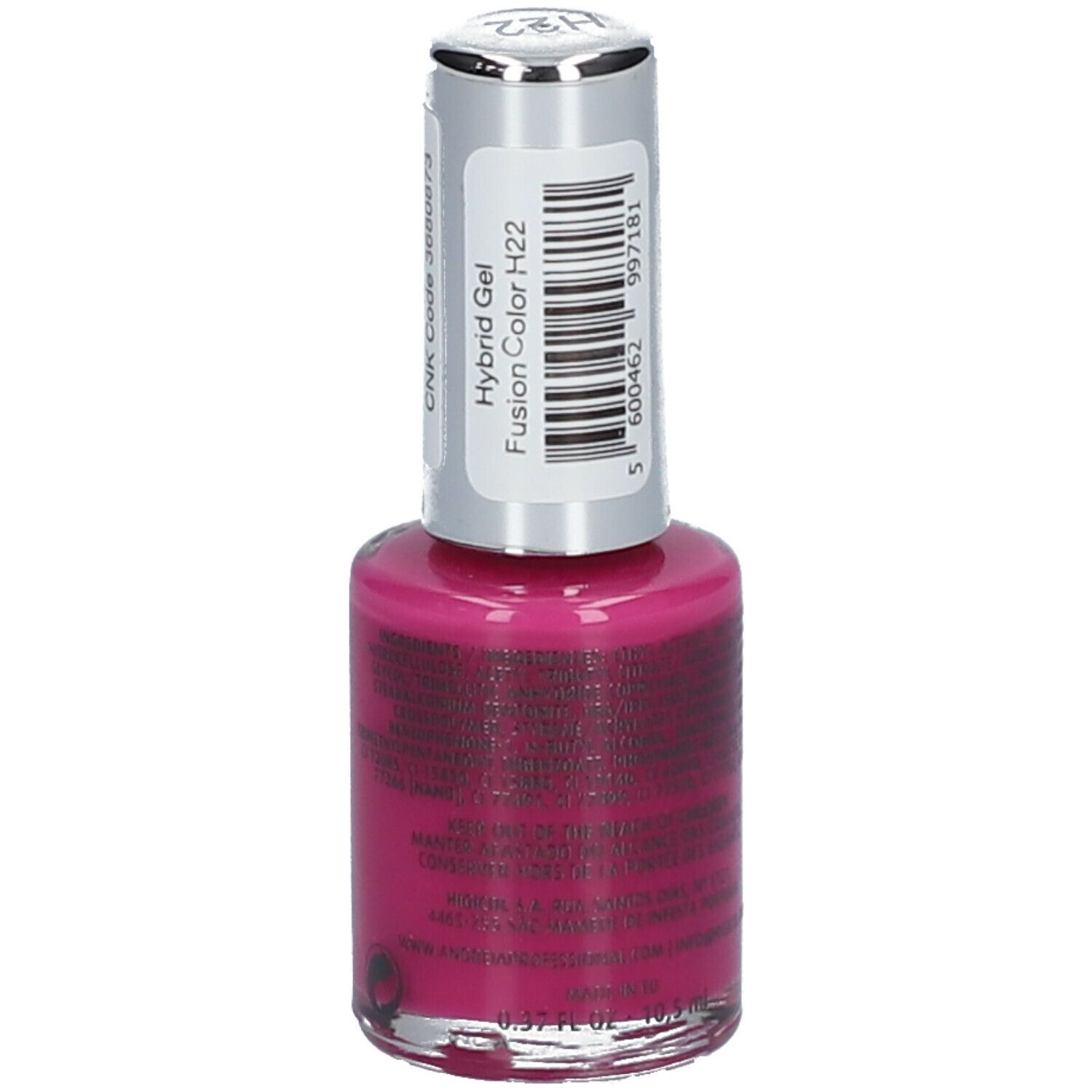 Nagellackflasche, magenta. Rückseite mit Text, Barcode und Farbton H22. Silberner Deckel.