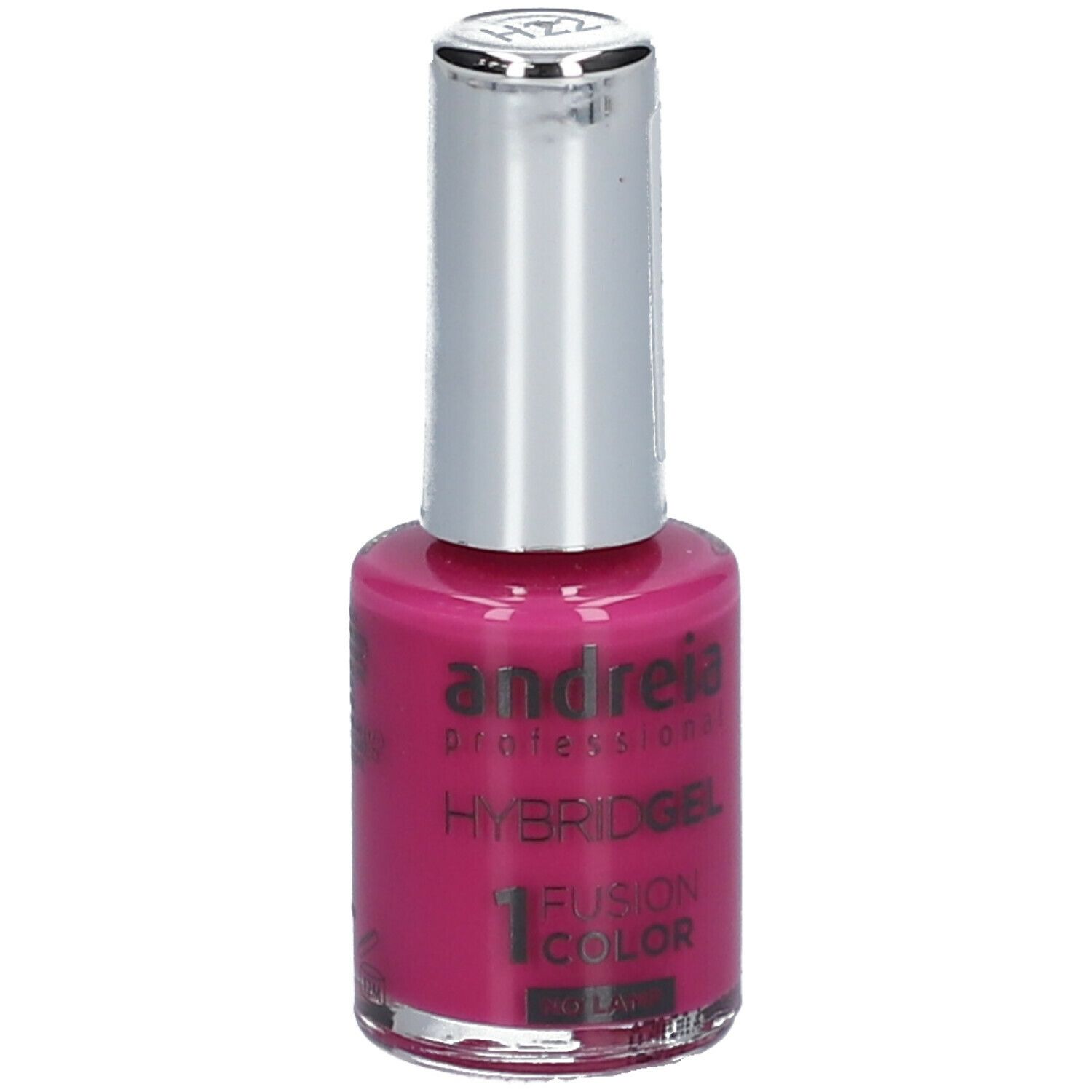 Nagellackflasche, magenta. Silberner Deckel, weißes Etikett. Produktname und Farbton H22 sichtbar.