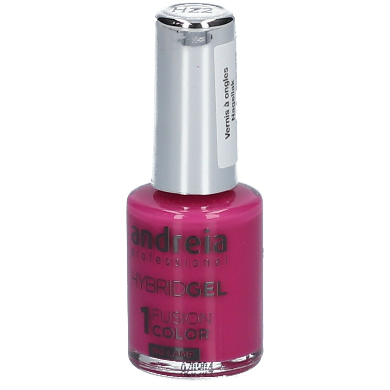 Nagellackflasche, magenta. Silberner Deckel, weißes Etikett. Produktname und Farbton H22 sichtbar.