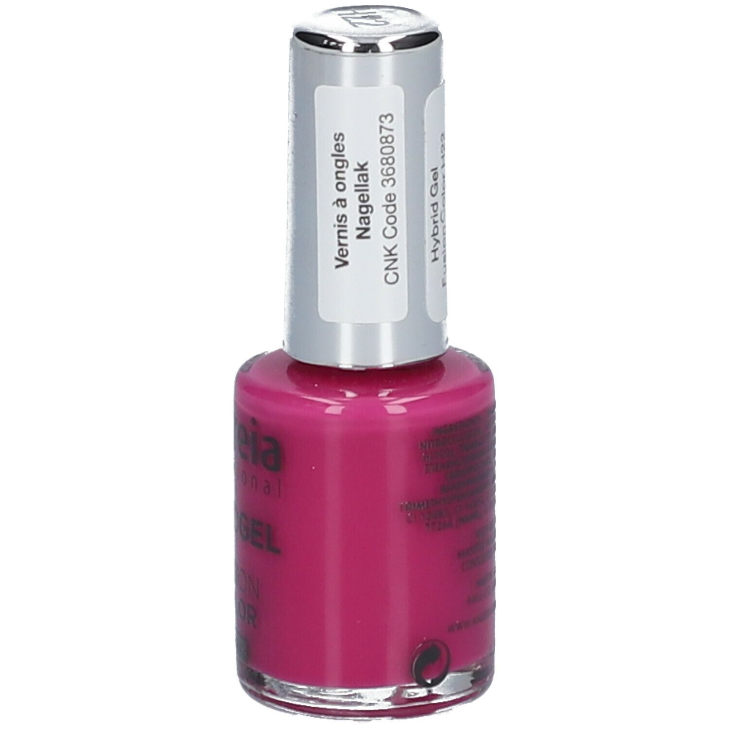 Nagellackflasche, magenta. Silberner Deckel, weißes Etikett. Produktname und Farbton H22 sichtbar.