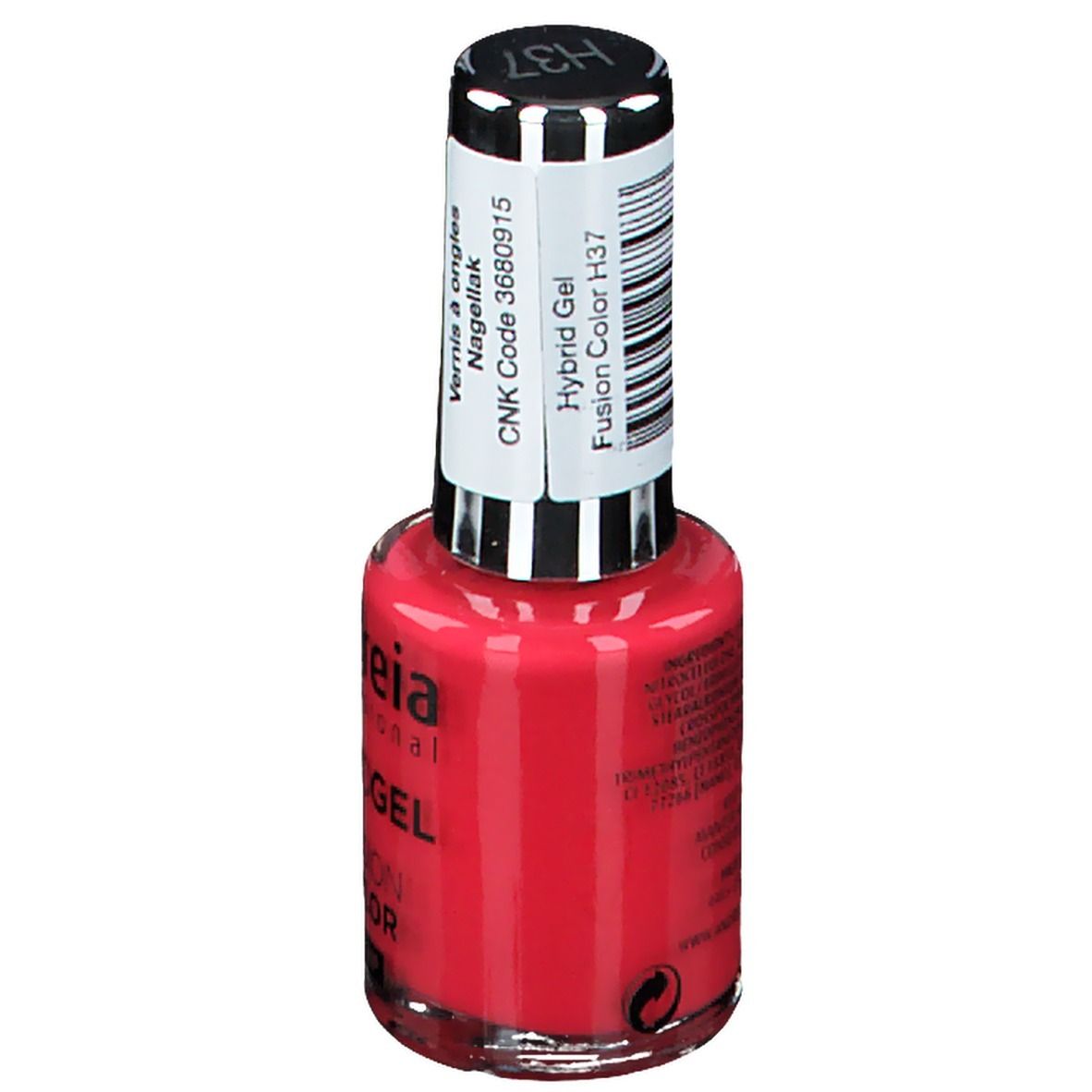 Flacon de vernis à ongles rouge. Inscription : Andreia Professional Hybridgel Fusion Color H37. Dos avec texte et code-barres.
