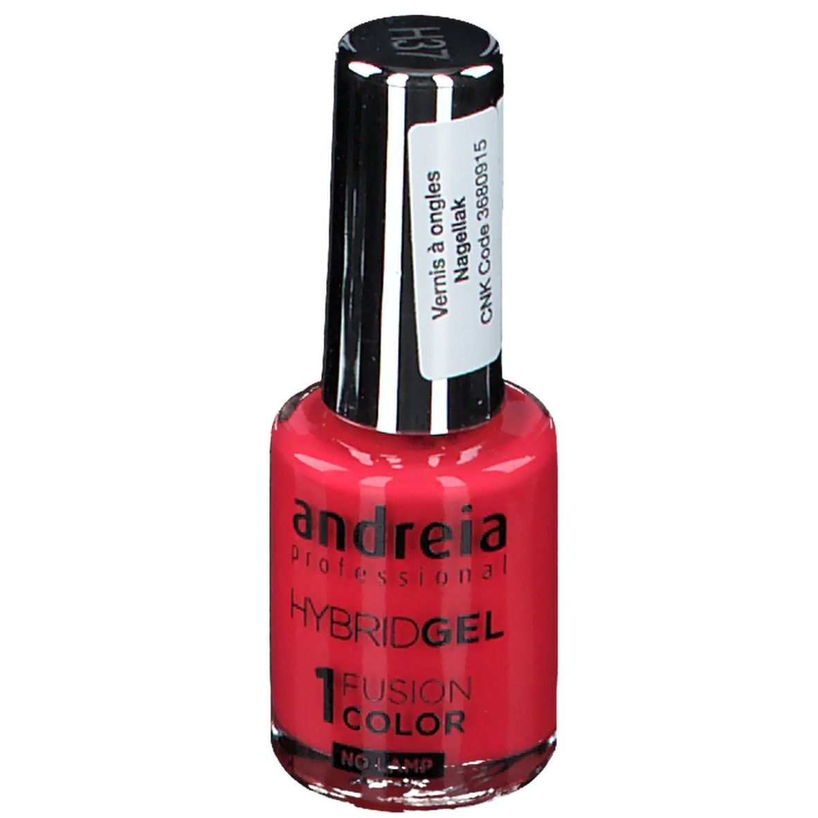 Flacon de vernis à ongles rouge. Inscription : Andreia Professional Hybridgel Fusion Color H37. Bouchon noir avec pinceau.