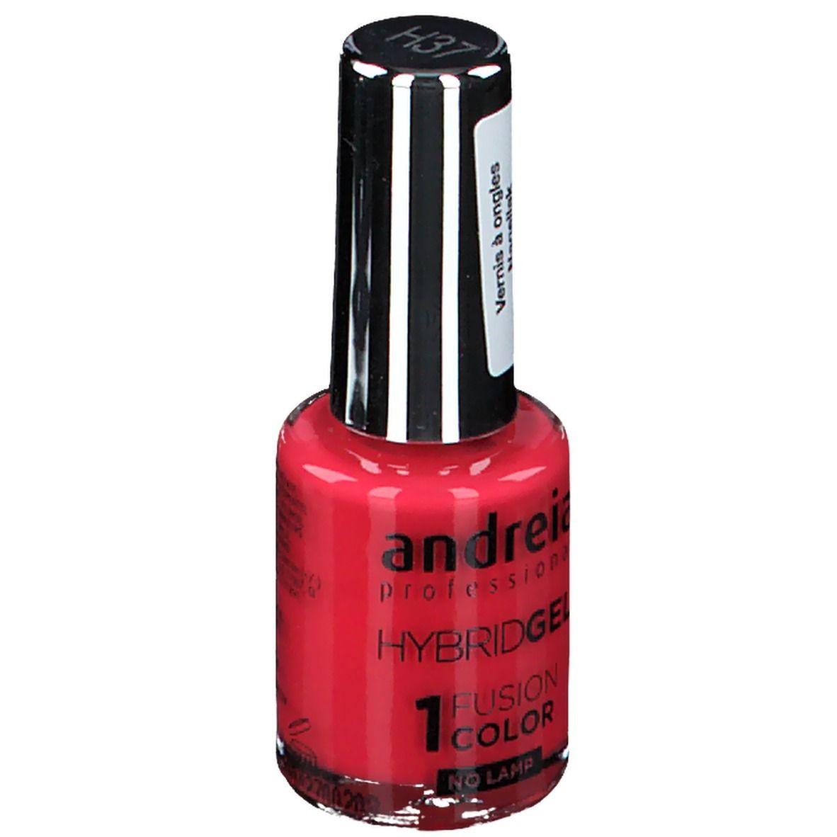 Flacon de vernis à ongles rouge. Inscription : Andreia Professional Hybridgel Fusion Color H37. Bouchon noir avec pinceau.