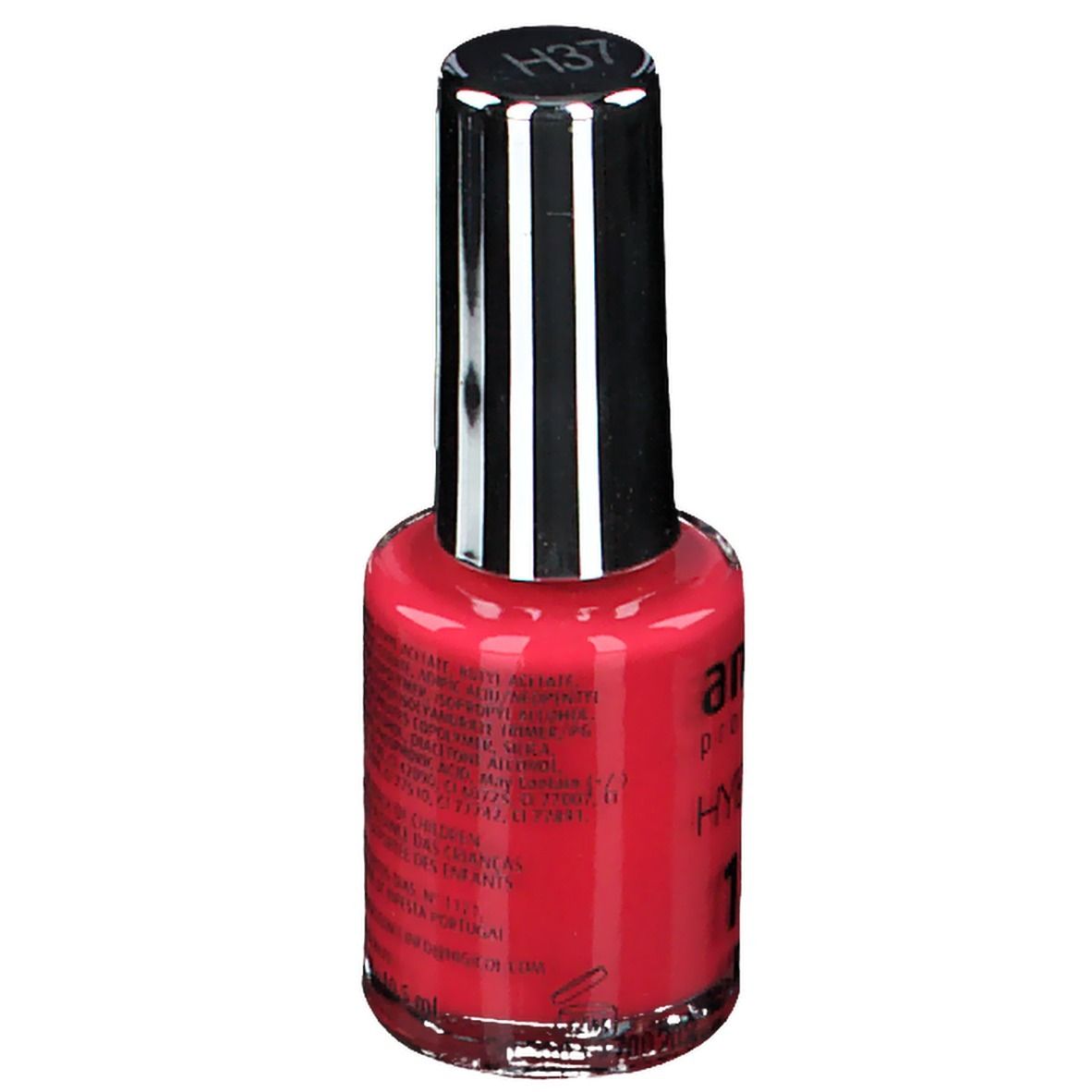 Flacon de vernis à ongles rouge. Dos avec texte. Inscription : Andreia Professional Hybridgel Fusion Color H37. Bouchon noir.