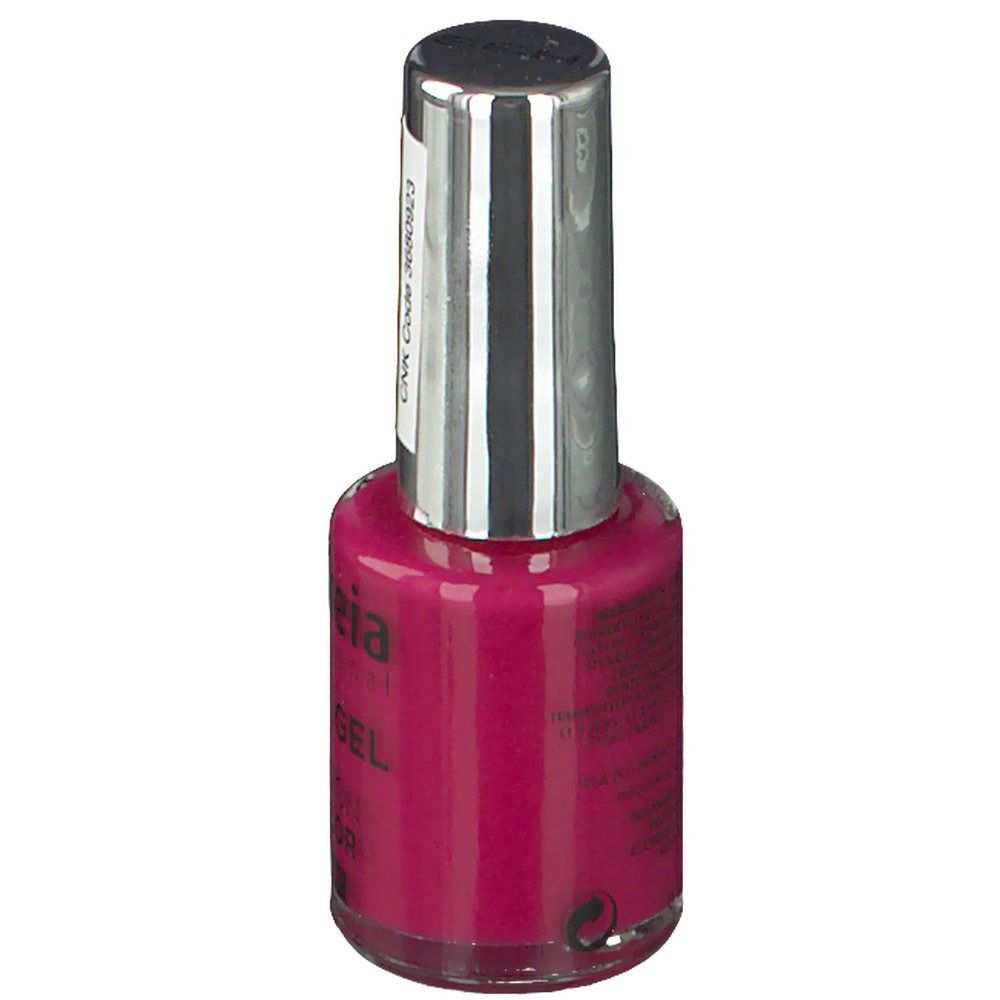 Flacon de vernis à ongles rose. Bouchon argenté. Étiquette avec texte. Vue arrière.