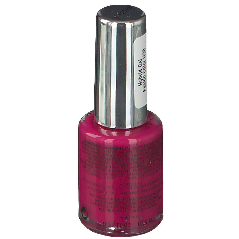 Flacon de vernis à ongles rose. Bouchon argenté. Étiquette avec texte. Vue arrière.