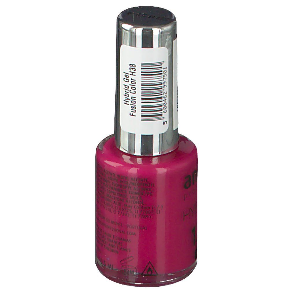 Flacon de vernis à ongles rose. Bouchon argenté. Étiquette avec texte. Vue arrière.