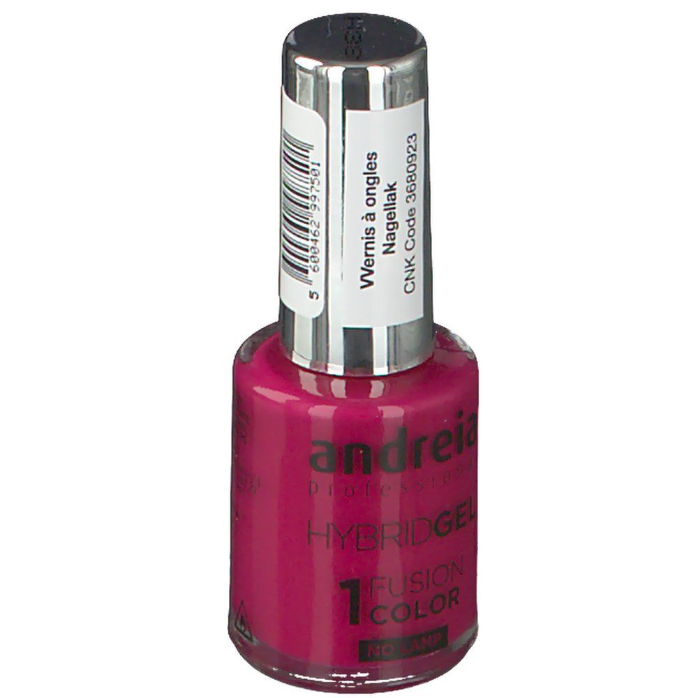 Flacon de vernis à ongles rose. Bouchon argenté. Étiquette avec texte. Vue arrière.