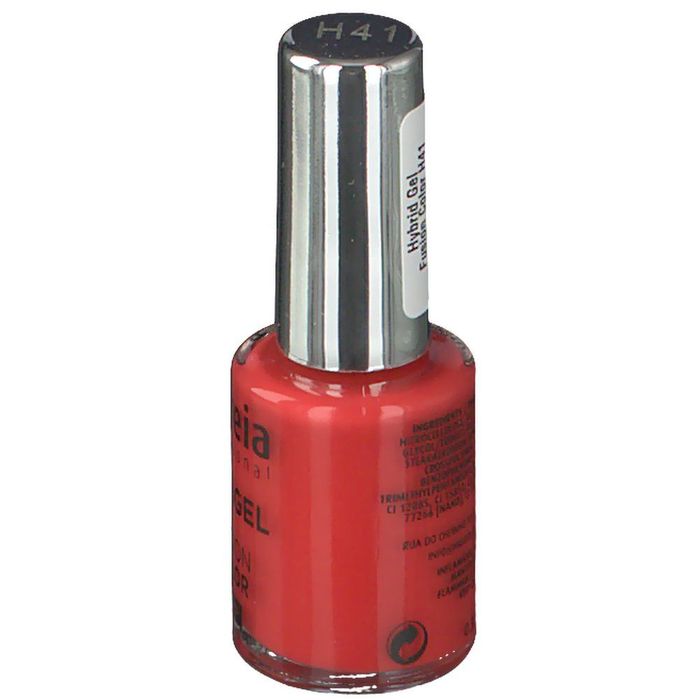 Nagellakflesje met rode vloeistof. H41 op de dop. Etiket met productinformatie.