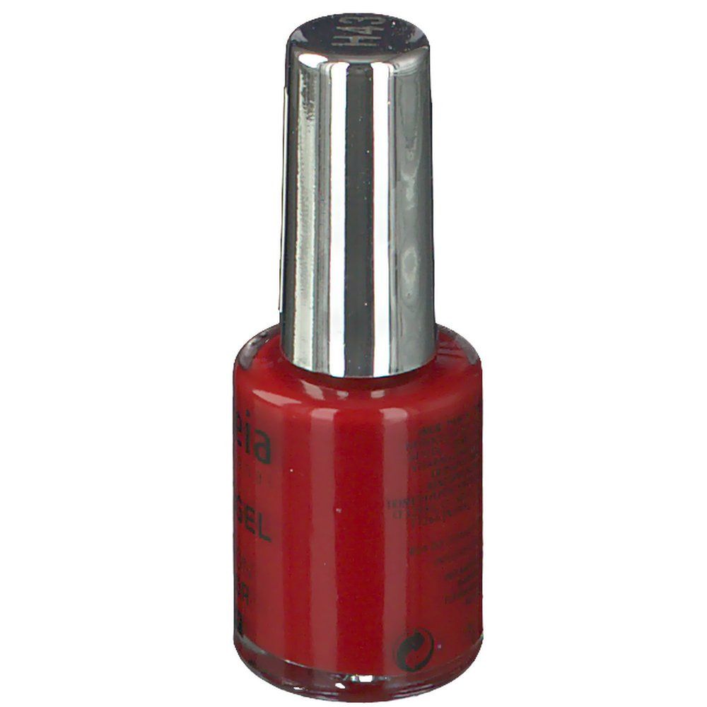 Flacon de vernis à ongles rouge avec bouchon argenté. Étiquette avec informations produit illisible.