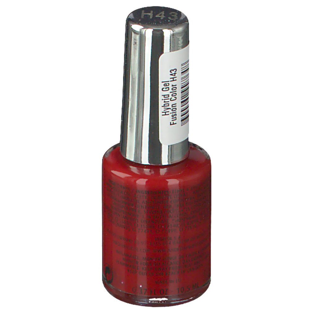 Flacon de vernis à ongles rouge avec bouchon argenté. Étiquette avec informations produit, dont H43.