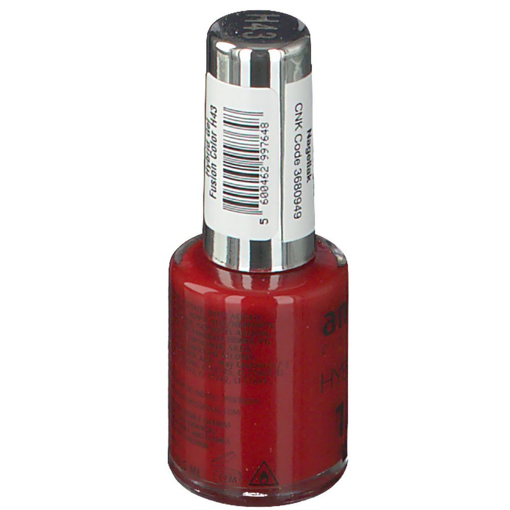 Flacon de vernis à ongles rouge avec bouchon argenté. Étiquette avec code-barres et code CNK 3680949.