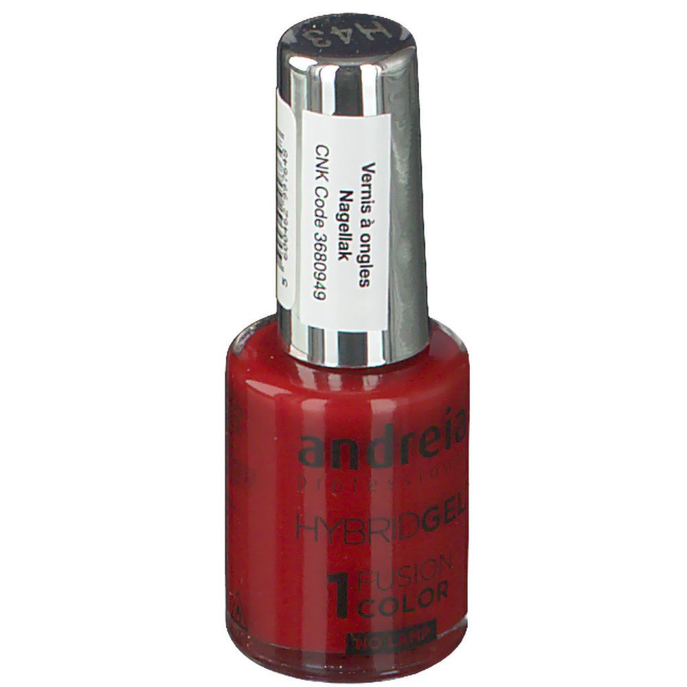 Flacon de vernis à ongles rouge avec bouchon argenté. Étiquette avec nom du produit, CNK Code 3680949 et H43.