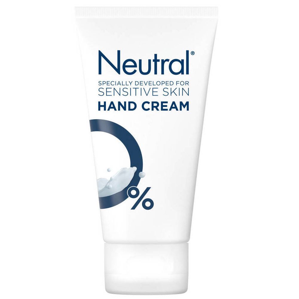 Tube de crème pour les mains blanche. Inscription: Neutral, spécialement pour peaux sensibles, crème pour les mains. Logo: cercle avec goutte et pourcentage.