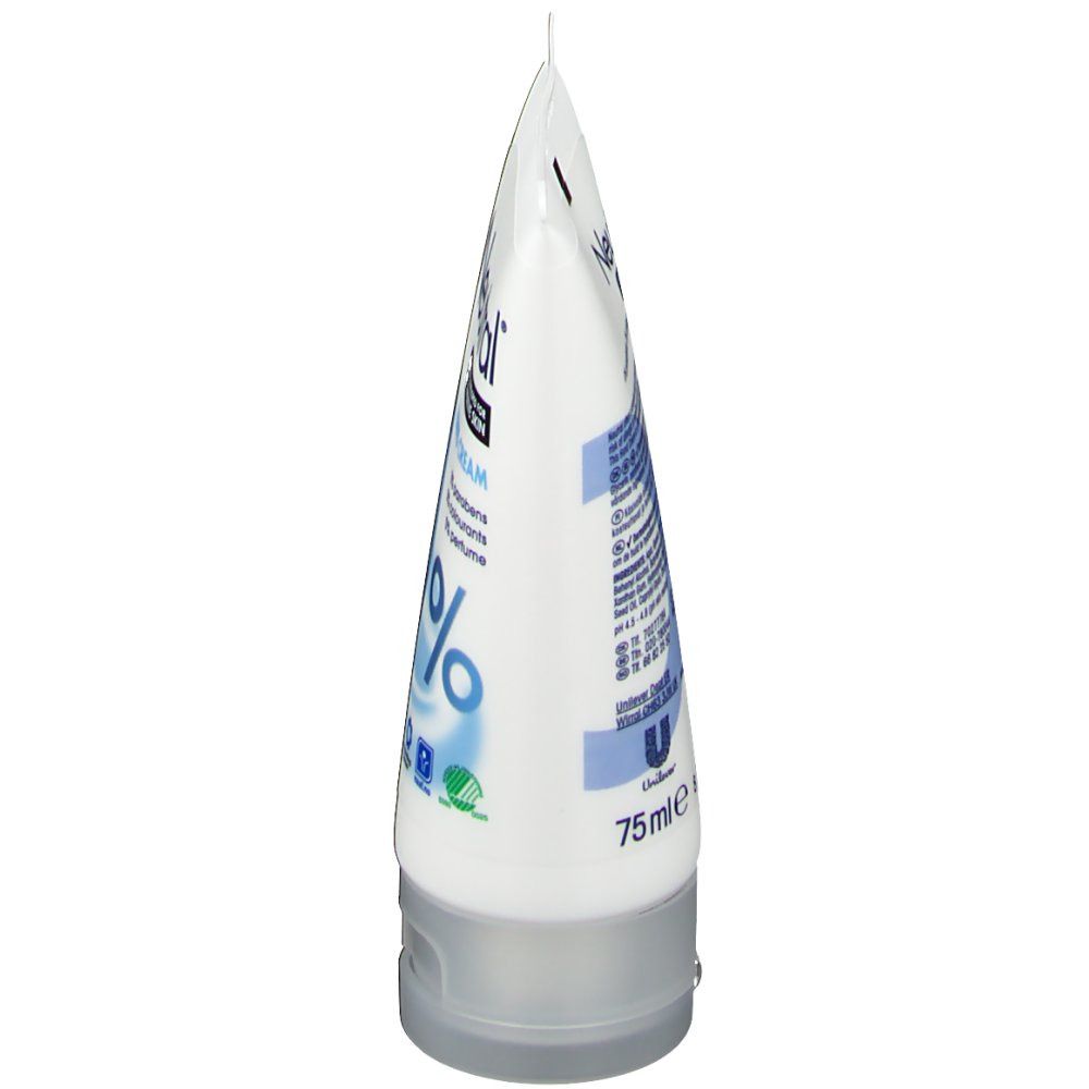 Tube de crème pour les mains blanche, vue latérale oblique. Inscription: Neutral, crème pour les mains. Logo: cercle avec goutte et pourcentage. 75ml.