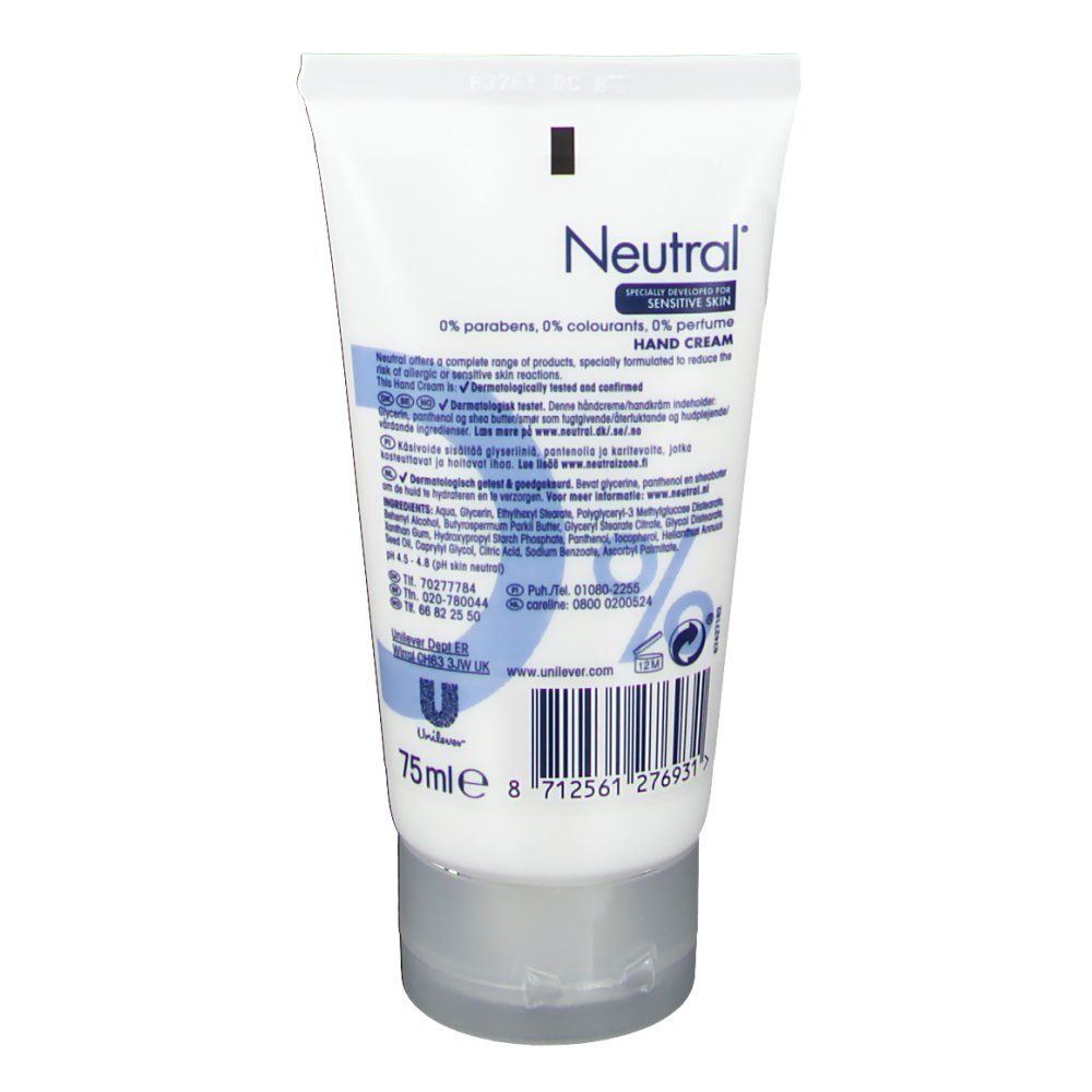Dos d'un tube de crème pour les mains blanc. Inscription: Neutral, crème pour les mains. Texte: 0% parabènes, 0% colorants, 0% parfum. 75ml.