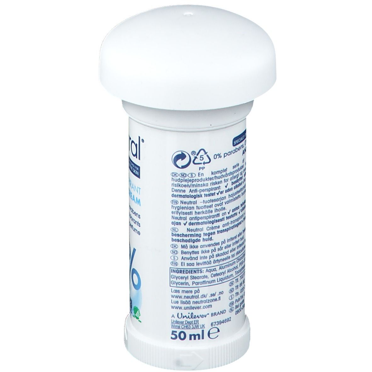 Dos du déodorant roll-on blanc. Texte: Ingrédients, 50 ml. Symbole de recyclage. Marque: Unilever. Avec bouchon blanc.