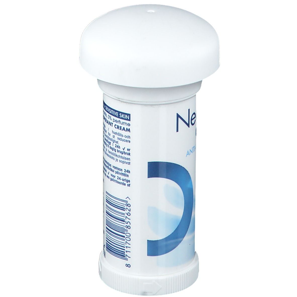 Déodorant roll-on blanc. Inscription: Neutral, Crème anti-transpirante, 0% parabènes, 0% colorants, 0% parfum. Avec bouchon blanc.