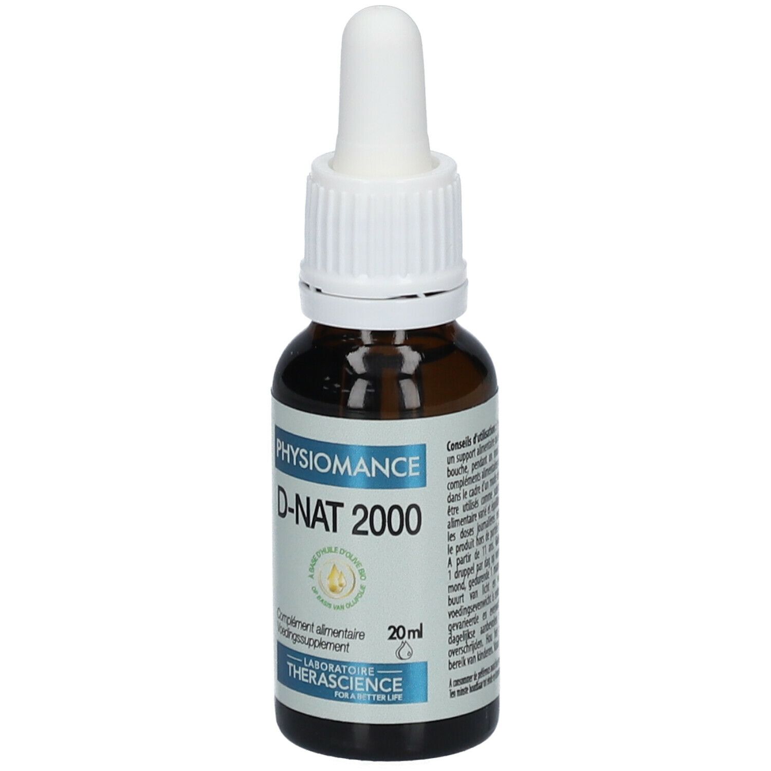 Flacon en verre brun avec bouchon blanc et pipette. Inscription: PHYSIOMANCE D-NAT 2000. 20 ml.