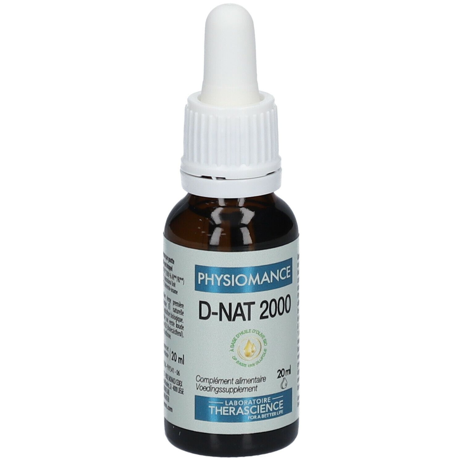 Flacon en verre brun avec bouchon blanc et pipette. Inscription: PHYSIOMANCE D-NAT 2000. 20 ml.