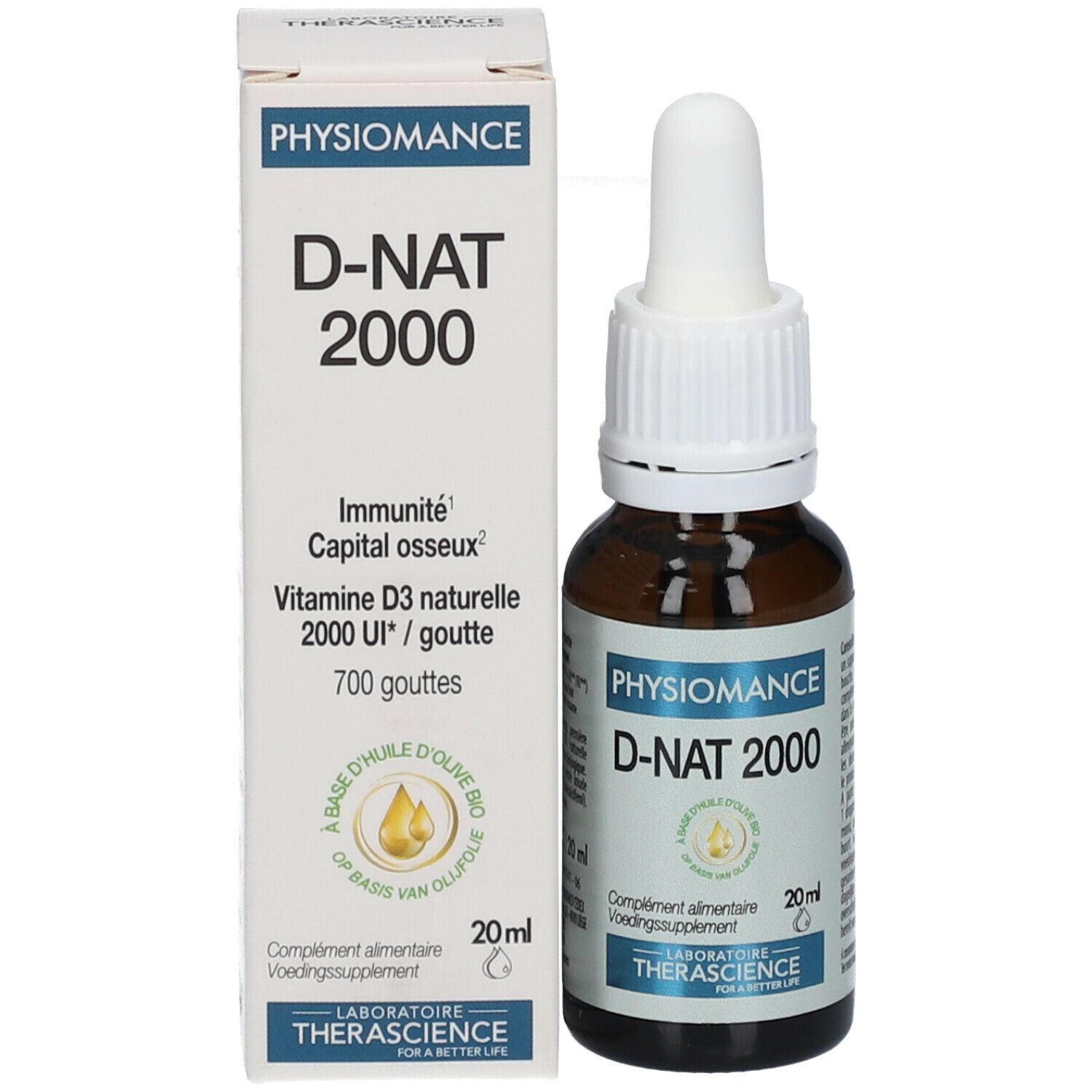 Flacon et emballage du produit. Inscription: PHYSIOMANCE D-NAT 2000. 20 ml. Avec emballage.