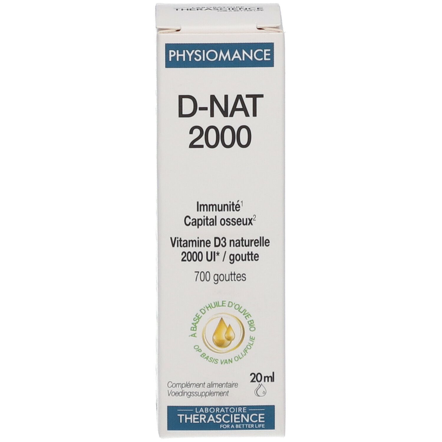 Emballage blanc avec inscription: PHYSIOMANCE D-NAT 2000. 20 ml. Avec informations produit.