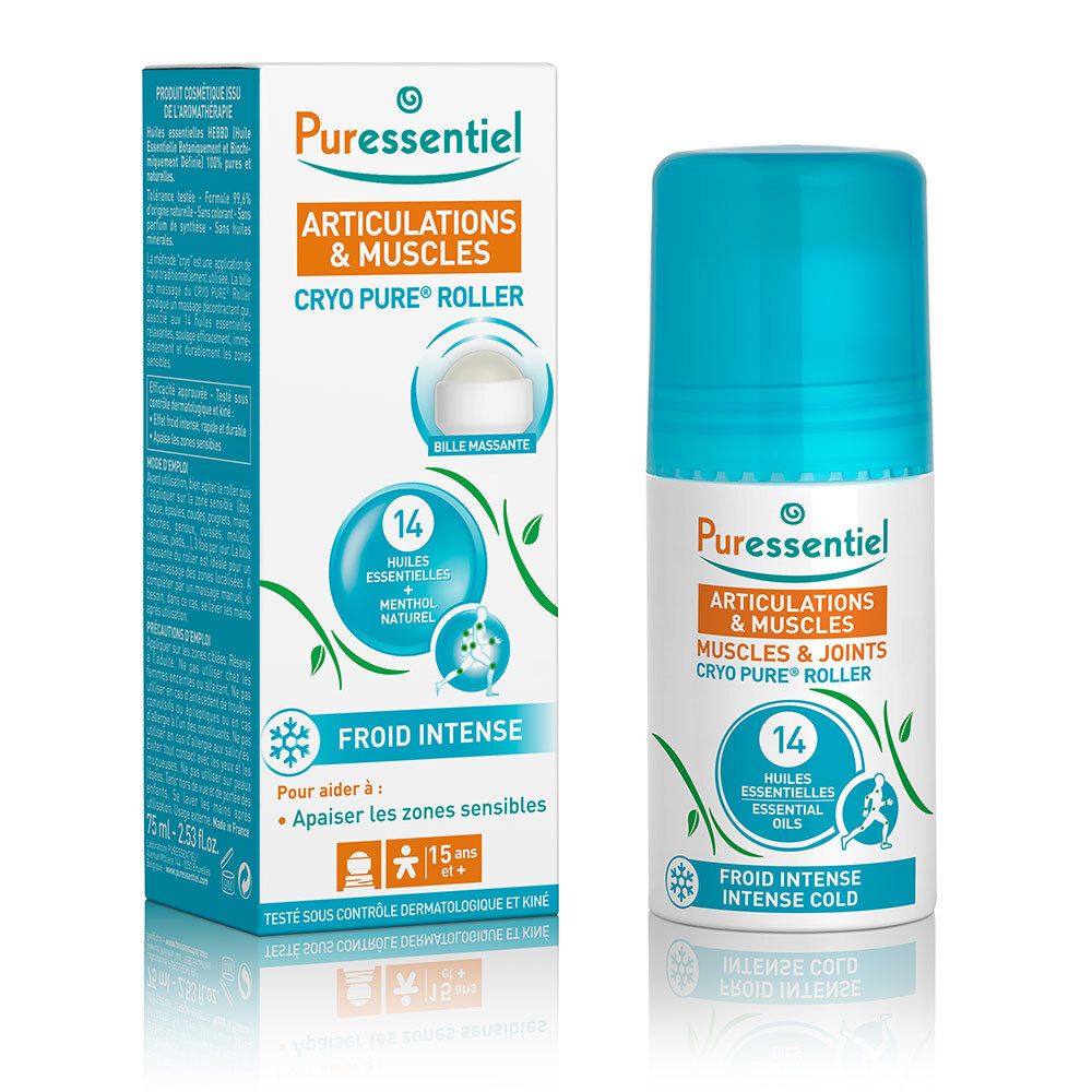 Roll-on. Flacon blanc et bleu avec bouchon bleu. Texte : Articulations & Muscles, Cryo Pure Roller, 14 huiles essentielles.