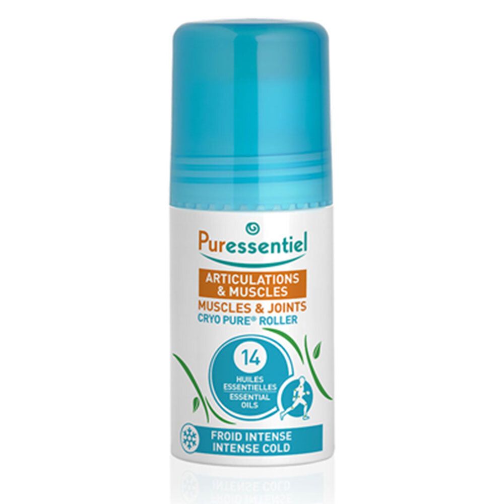 Flacon roll-on avec bouchon bleu. Texte : Articulations & Muscles, Cryo Pure Roller, 14 huiles essentielles, Froid Intense.