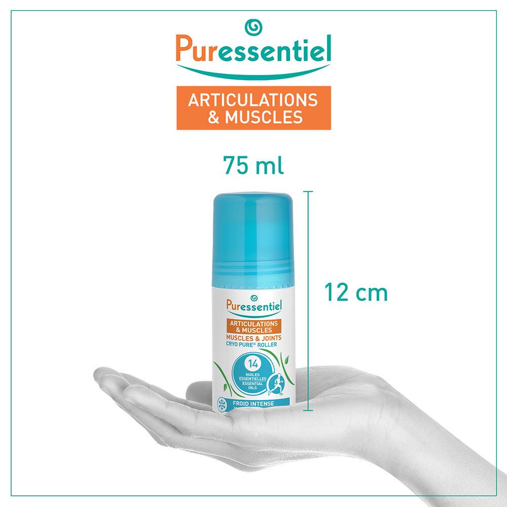 Roll-on dans la main. Dimensions : 75 ml, 12 cm. Texte : Articulations & Muscles, Cryo Pure Roller.