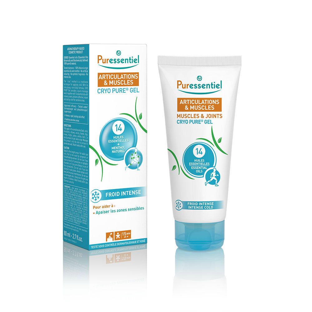 Tube Cryo Pure Gel. Merk: Puressentiel. Bevat 14 essentiële oliën. Blauwe dop. Verpakking ernaast.
