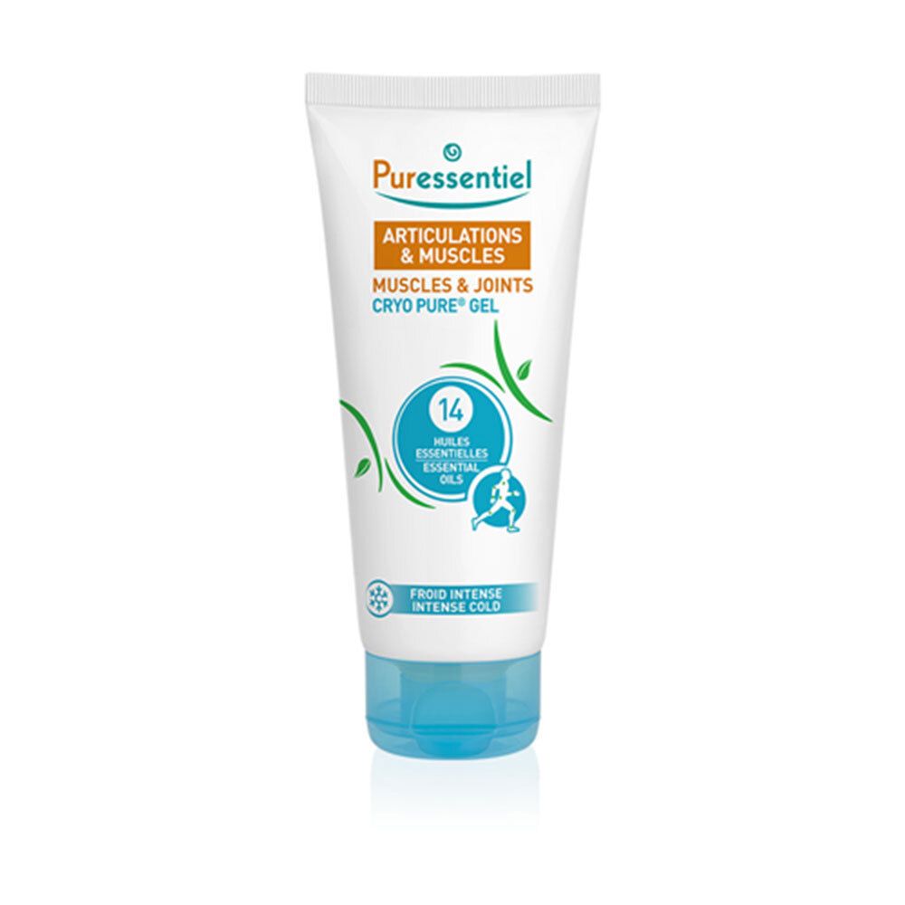 Tube Cryo Pure Gel. Merk: Puressentiel. Bevat 14 essentiële oliën. Blauwe dop. Afbeelding van persoon.