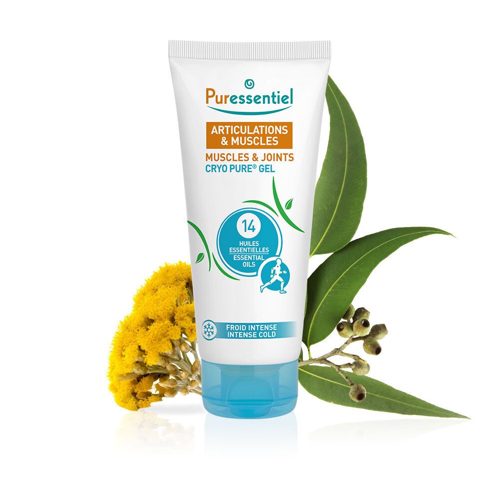 Tube Cryo Pure Gel. Merk: Puressentiel. Bevat 14 essentiële oliën. Blauwe dop. Met bladeren en bloem.