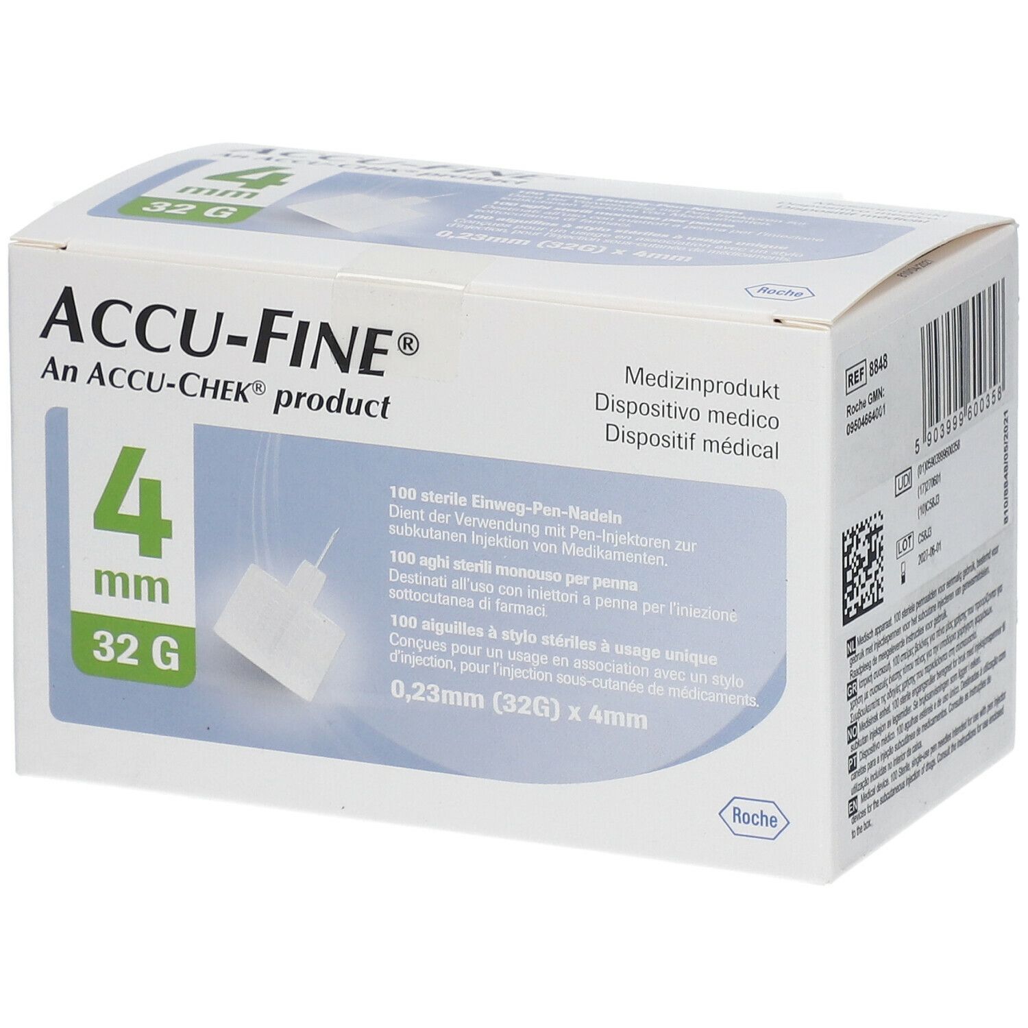 Verpackung mit ACCU-FINE® Nadeln. 4 mm, 32G. Produktname und Größenangaben deutlich sichtbar. Medizinprodukt.