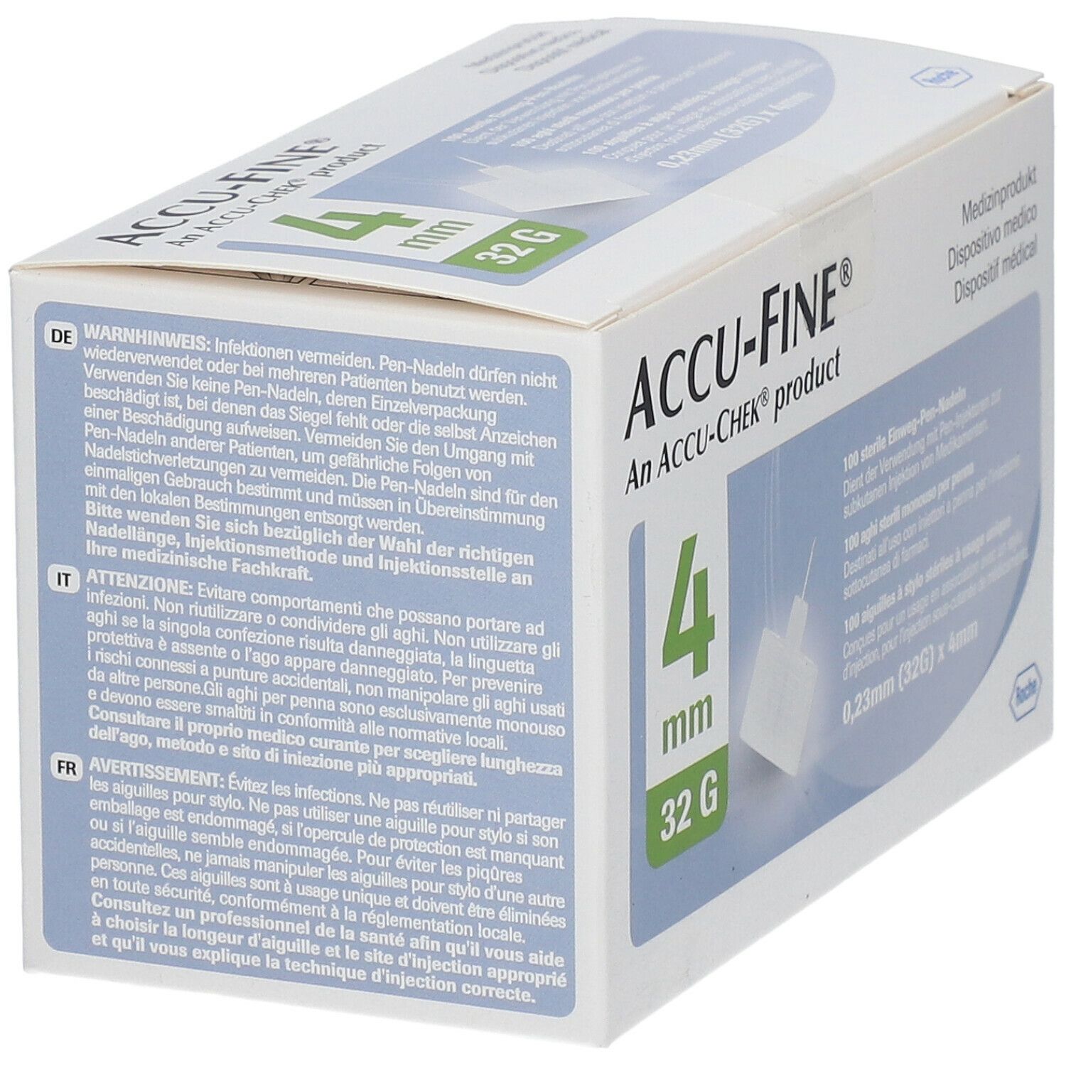 Verpackung mit ACCU-FINE® Nadeln. 4 mm, 32G. Warnhinweise in mehreren Sprachen. Medizinprodukt.