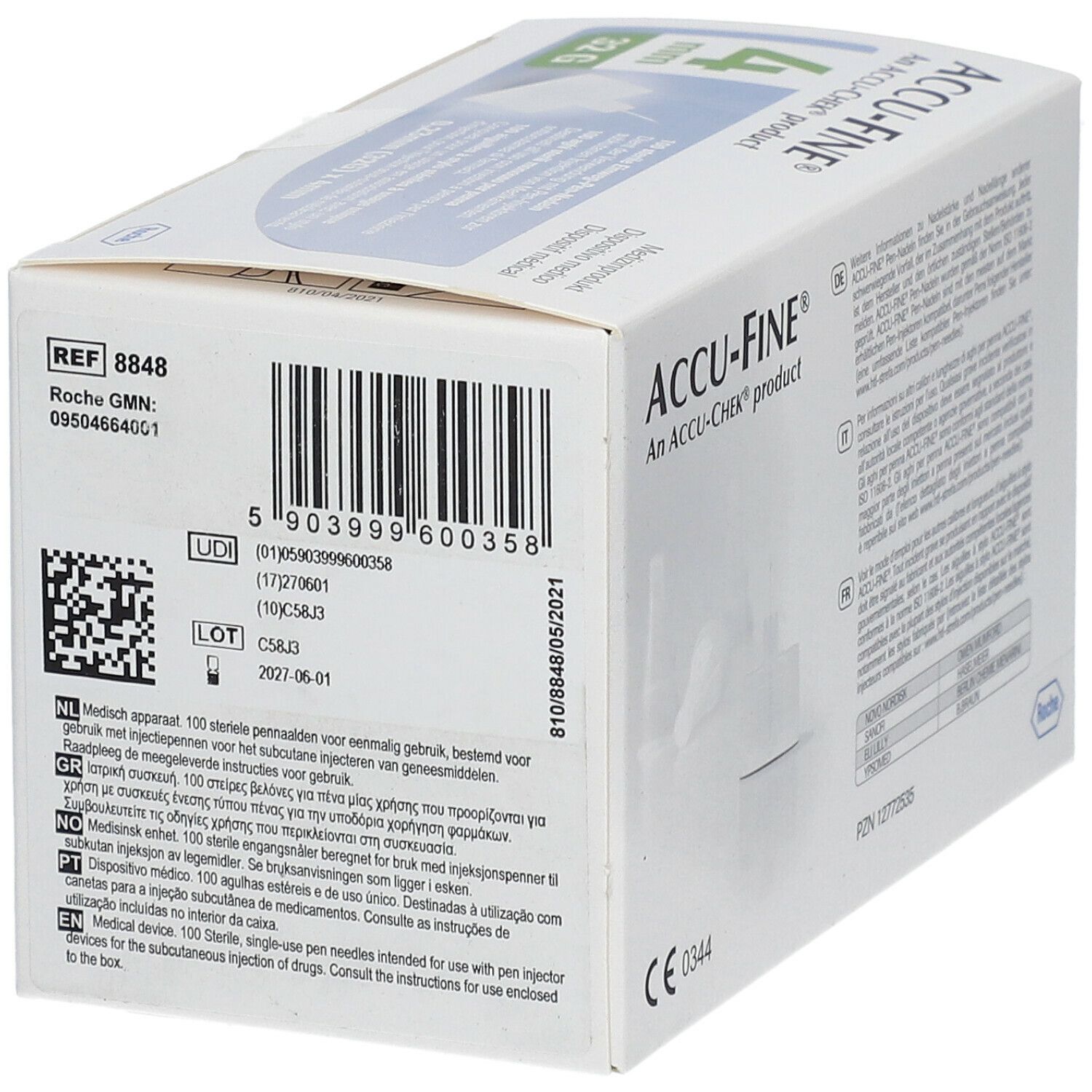 Rückseite der Verpackung mit ACCU-FINE® Nadeln. Produktinformationen, Barcode und CE-Kennzeichnung.