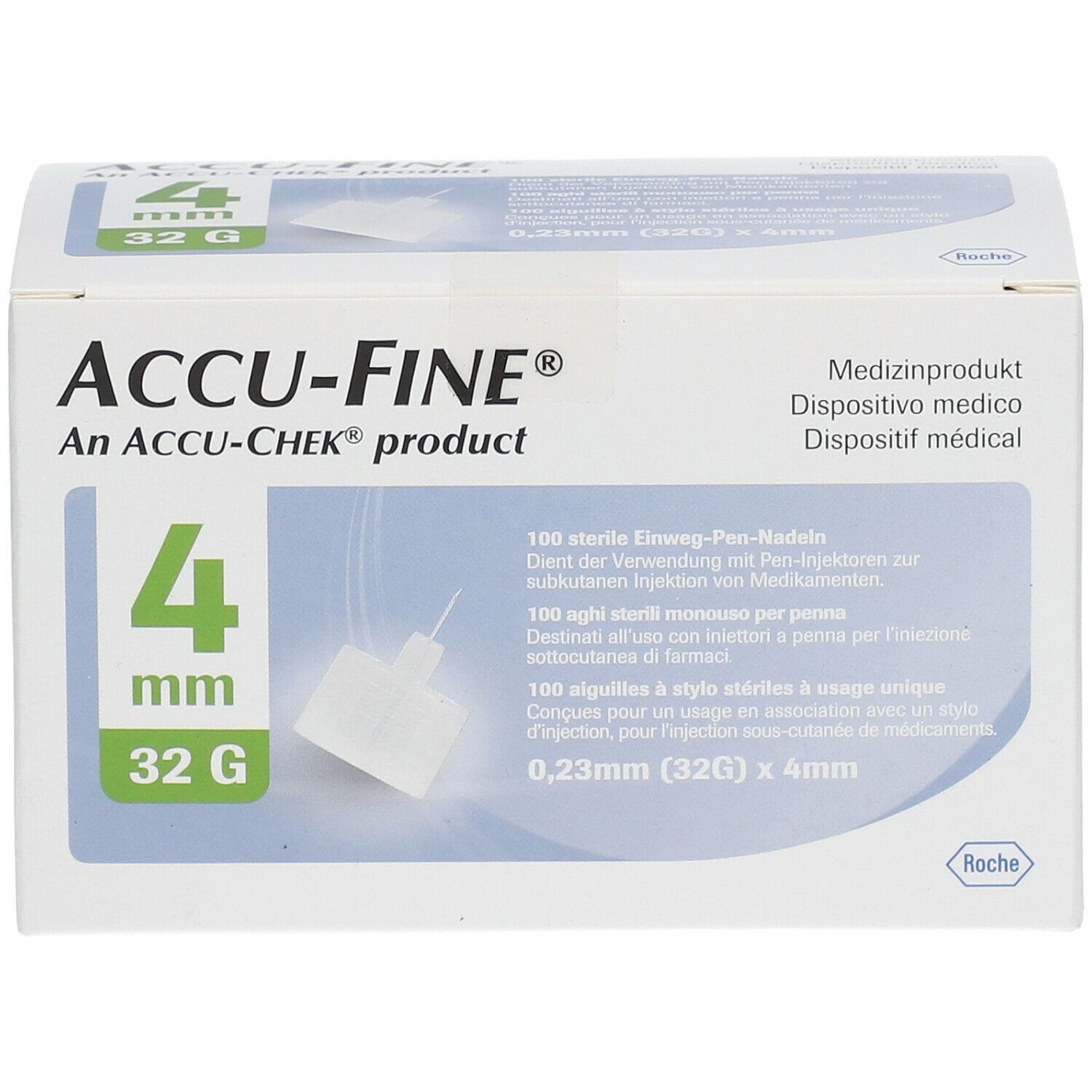 Verpackung mit ACCU-FINE® Nadeln. 4 mm, 32G. Produktname und Größenangaben deutlich sichtbar. Medizinprodukt.