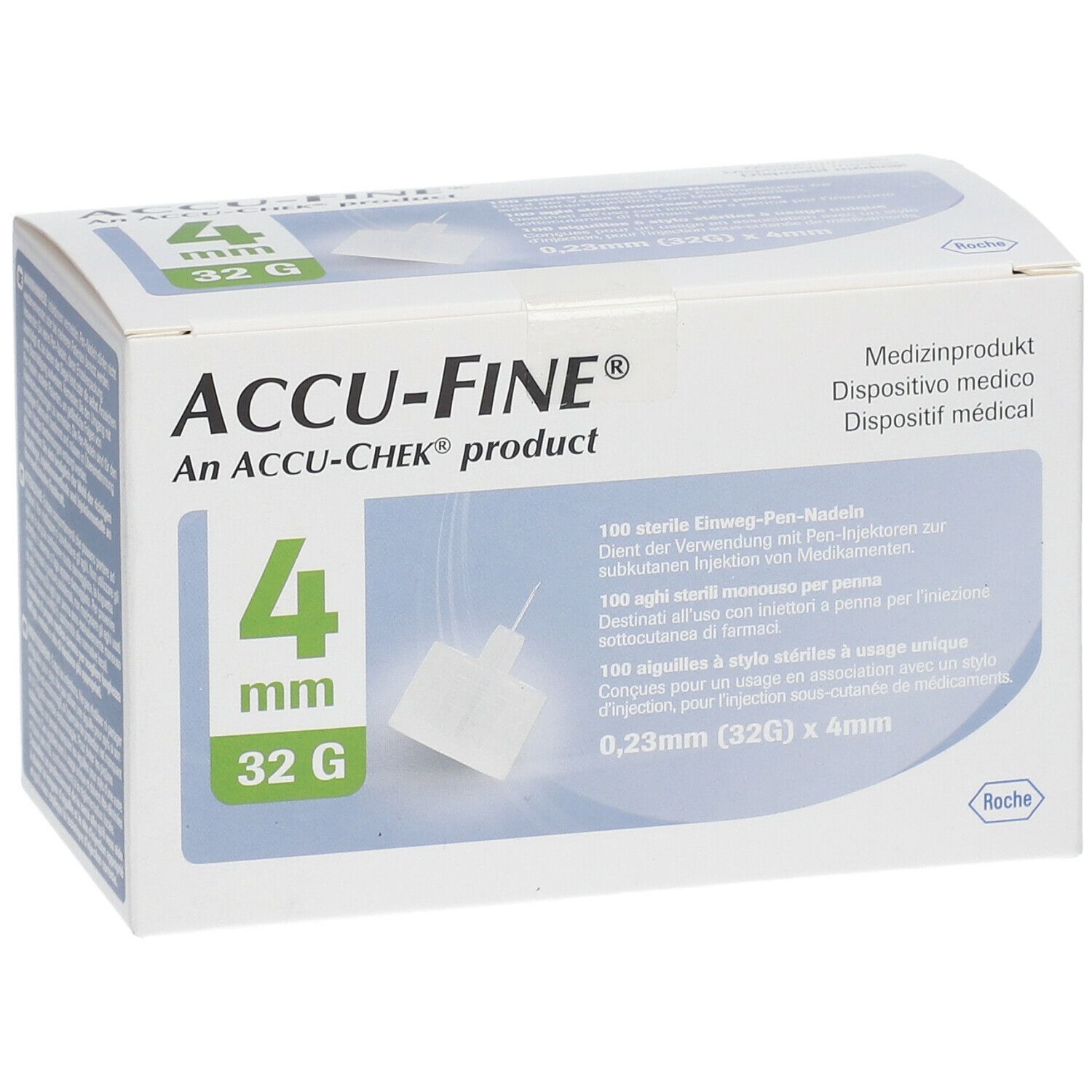 Verpackung mit ACCU-FINE® Nadeln. 4 mm, 32G. Produktname und Größenangaben deutlich sichtbar. Medizinprodukt.