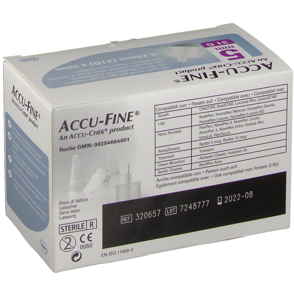 Packung mit 100 sterilen 5mm 31G Insulin-Pen-Nadeln.