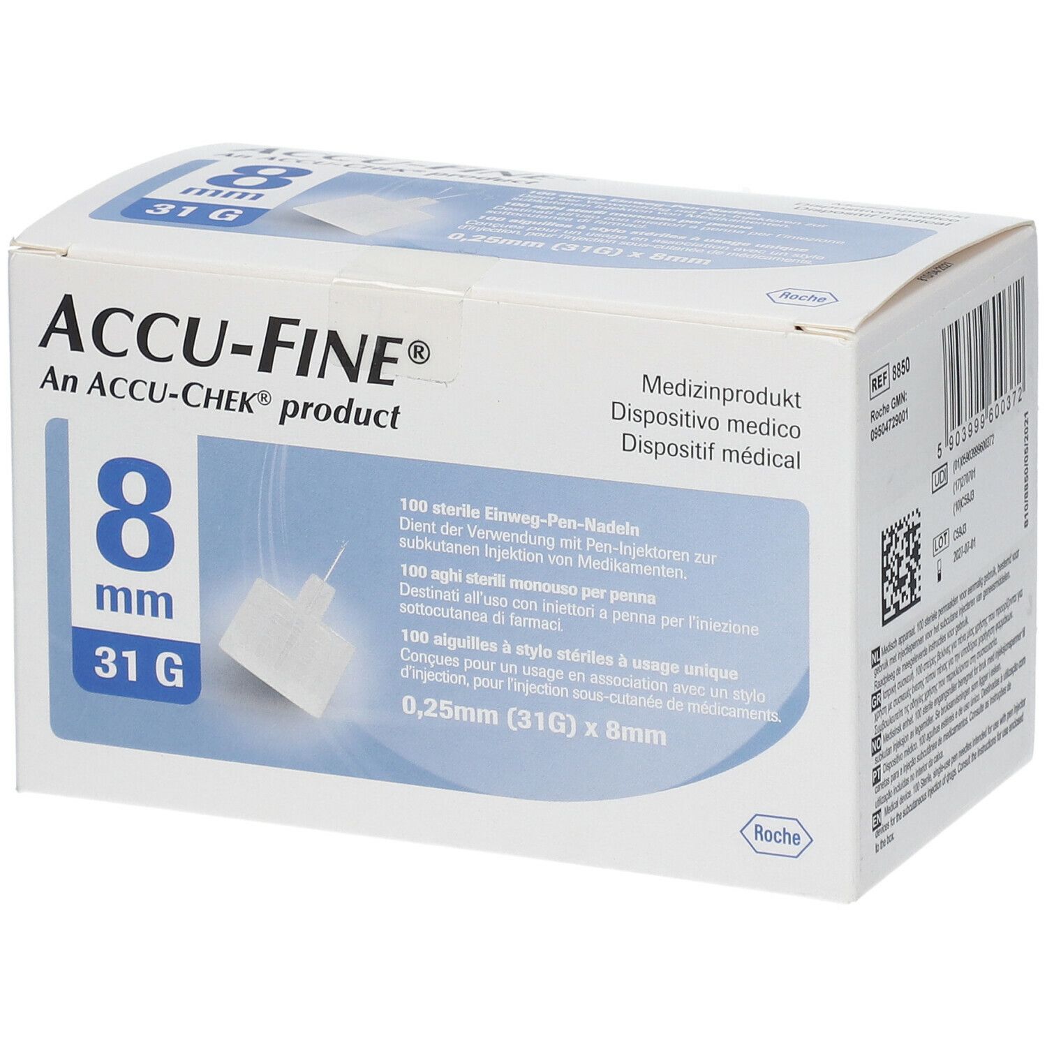Verpackung ACCU-FINE 8 mm, 31G. Enthält 100 sterile Einweg-Pen-Nadeln. Medizinprodukt.