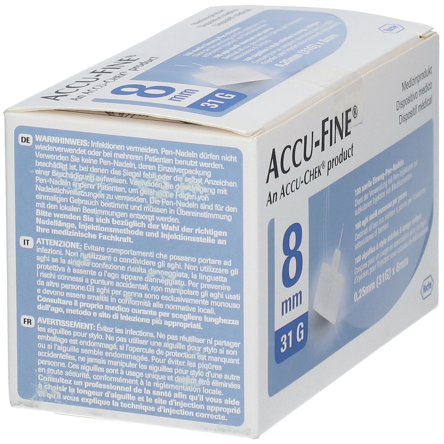 Verpackung ACCU-FINE 8 mm, 31G. Warnhinweise in Deutsch. Medizinprodukt.
