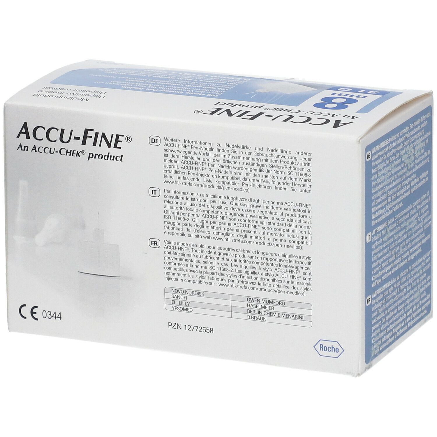 Rückseite der ACCU-FINE Verpackung. Text in Deutsch und Italienisch. CE-Kennzeichnung.