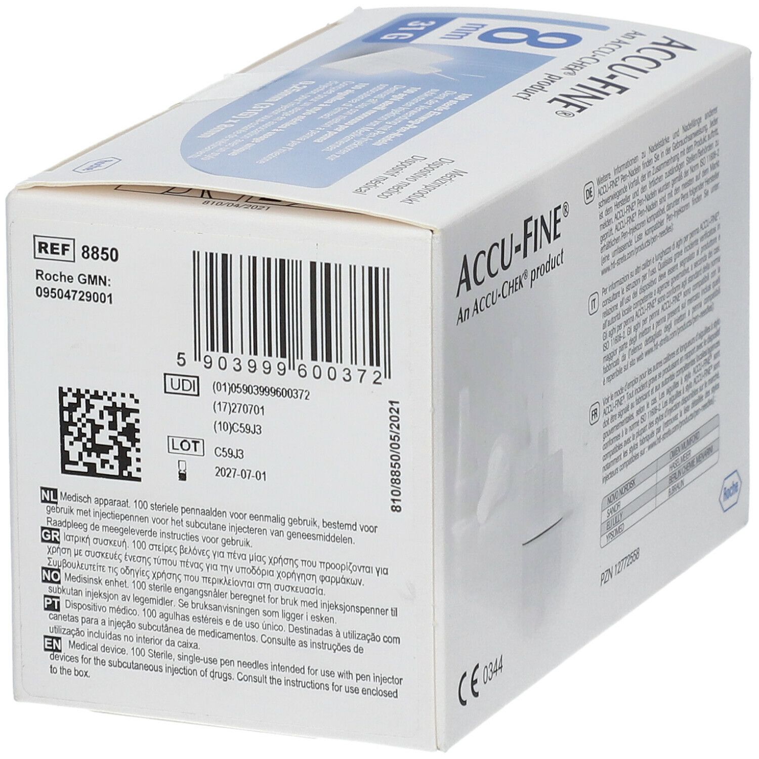 Verpackung ACCU-FINE. Barcode, UDI-Code, Chargennummer und Verfallsdatum. CE-Kennzeichnung.