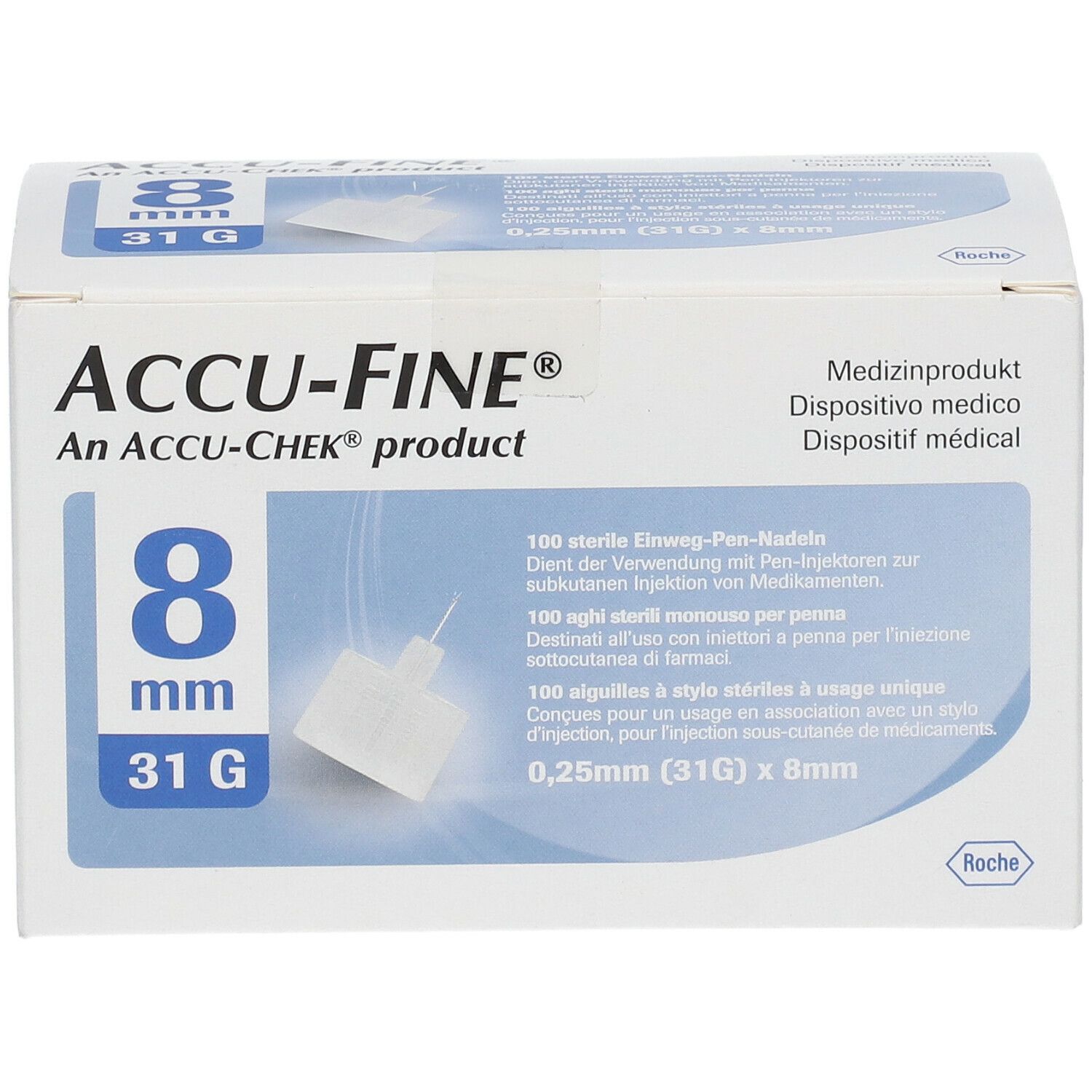 Verpackung ACCU-FINE 8 mm, 31G. Enthält 100 sterile Einweg-Pen-Nadeln. Medizinprodukt.