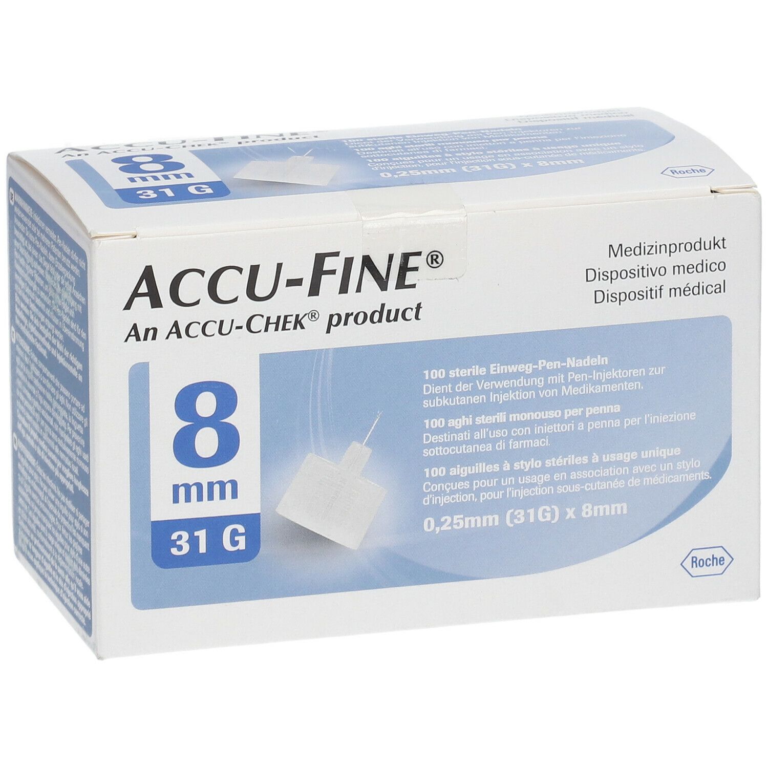 Verpackung ACCU-FINE 8 mm, 31G. Medizinprodukt. Enthält 100 sterile Einweg-Pen-Nadeln.