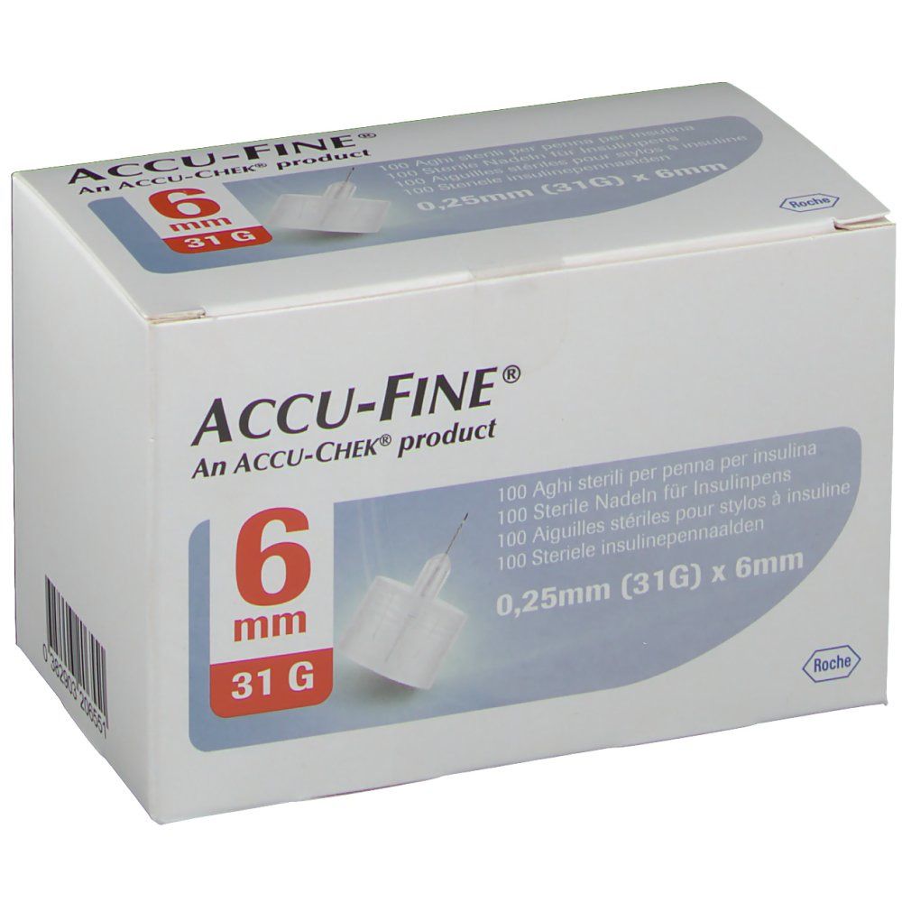 Verpackung von ACCU-FINE® Nadeln. Aufdruck: 6 mm, 31G, 0,25 mm x 6 mm. Produktname und Logo deutlich sichtbar.