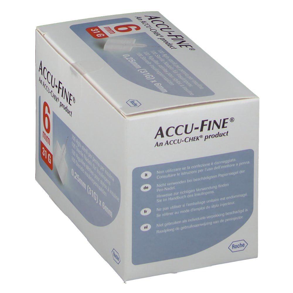 Schräg gestellte Verpackung von ACCU-FINE® Nadeln. Aufdruck: 6 mm, 31G, 0,25 mm x 6 mm. Logo und Produktname.