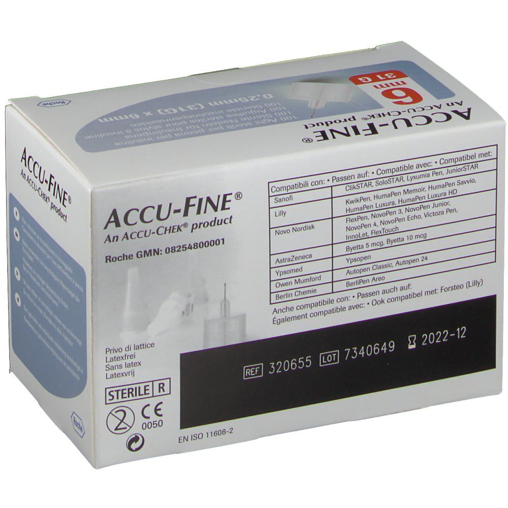 Verpackung von ACCU-FINE® Nadeln. Aufdruck: 6 mm, 31G, 0,25 mm x 6 mm. Kompatibilitätsliste. CE-Kennzeichnung.
