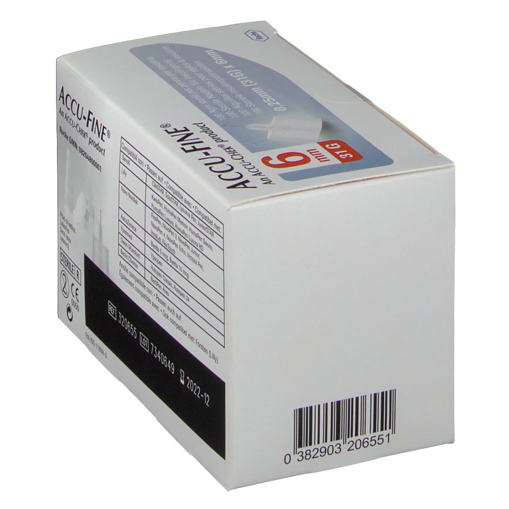 Rückseite der Verpackung von ACCU-FINE® Nadeln. Barcode und Chargennummer. Produktname und Logo.