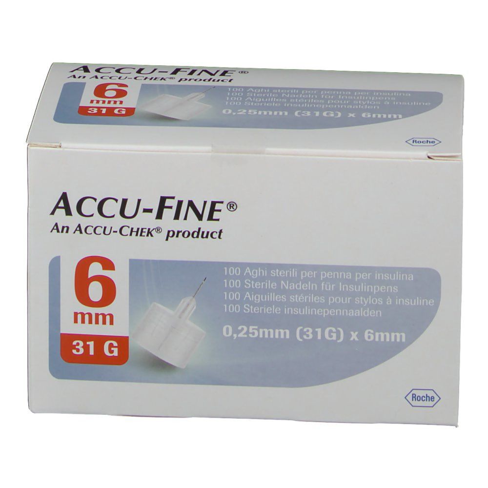 Verpackung von ACCU-FINE® Nadeln. Aufdruck: 6 mm, 31G, 0,25 mm x 6 mm. Produktname und Logo deutlich sichtbar.