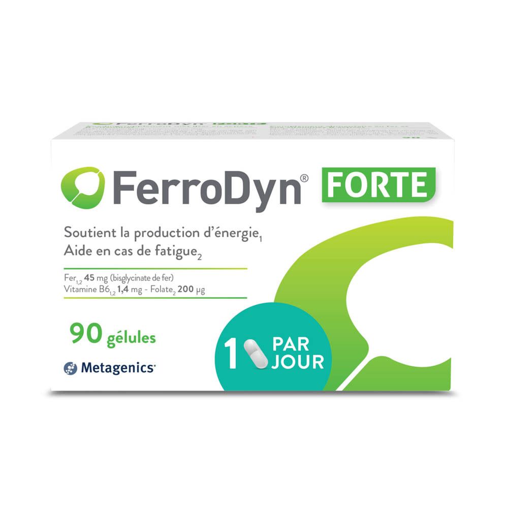 Boîte blanche avec logo "FerroDyn FORTE". Contient 90 gélules. 1 gélule par jour.
